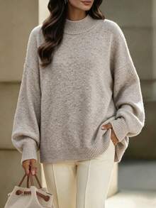 Women's Fall Winter Oatmeal Heathered Soft Cozy Fuzzy Knit Mock Neck Lantern Sleeve Sweater, Oversized Slouchy Casual Daily Office Work Commute Wear - Oatmeal Color - View 3