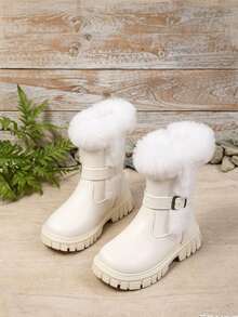 1 Pair Fuzzy High-Top Girls' Boots, Cute Functional Style With Buckle Design, Warm And Non-Slip, Suitable For Autumn/Winter, Daily Parent-Child Outings, School, Christmas New Arrival - White - View 10