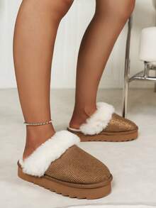 Women's Shiny Rhinestone Decor Casual Fashion Slippers, Closed Toe Thick Sole With Thermal Lining, Warm Soft Comfortable Indoor Home Leisure Slippers, Autumn/Winter - Brown - View 9