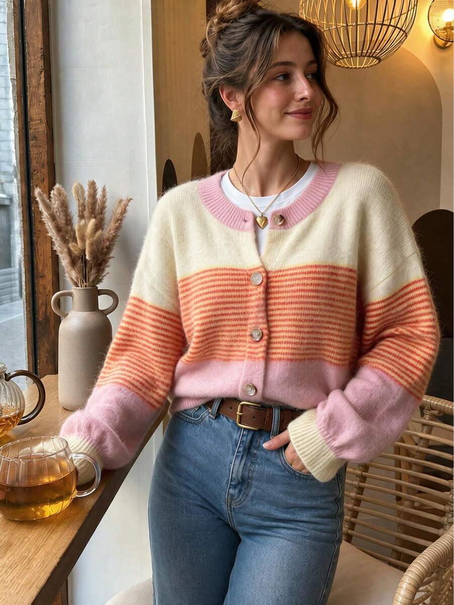 Women's Pink Gradient Striped Mohair Knit Cardigan Button Sweater Loose Lantern Sleeve Short Jacket Autumn/Winter Sweet Style - Multicolor - View 1