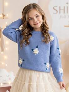 Tween Girl Cute Floral Knit Sweater, Long Sleeve Crew Neck Pullover, Comfortable Casual Top, Perfect For Autumn/Winter, School, Daily Wear And Holiday - Multicolor - View 1