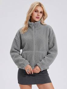 KyrLssu Women Teddy Fleece Cropped Jacket, Stand Collar Full Zip Sherpa Coat, Drop Shoulder Loose Fit With Ribbed Cuffs & Side Pockets, Warm Short Outerwear - Grey - View 4