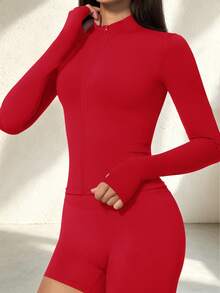 Women's Thumbhole Stand Collar Zip-Up Cropped Jacket, Slim Fit Seamless Cardigan For Running, Yoga, Pilates, Gym - Red - View 6