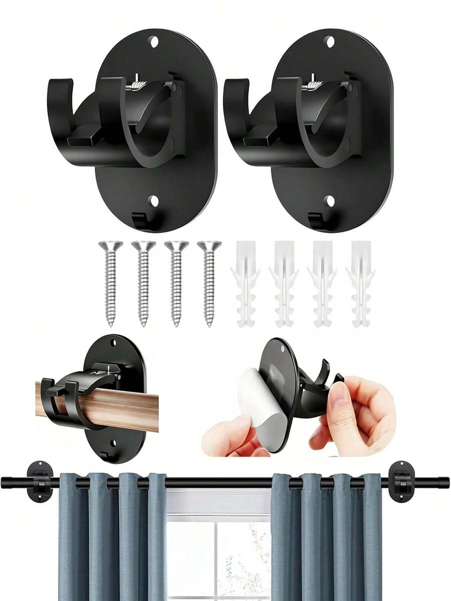 2pcs/4pcs/6pcs No-Drill Adhesive Curtain Rod Brackets, Screw-Fixed / Adhesive Dual-Use Curtain Rod Holders, Adjustable Self-Adhesive Curtain Hooks Wall Mounts, Includes Screws + Expansion Tubes, Suitable For Home, Kitchen