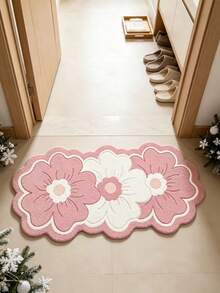 1pc 2026 New Pink & White Large Flower Wavy Asymmetrical Long Bedside Rug, Suitable For Bedroom Bedside, Walk-In Closet, Girly Cream Style Home Decor, Petal Outline Flower Flocked Decorative Mat, Bedroom Rug, Bedside Rug, Decorative Rug, Washable Rug, Indoor Flower Shaped Mat, Daily Home Gift - Multicolor - View 5