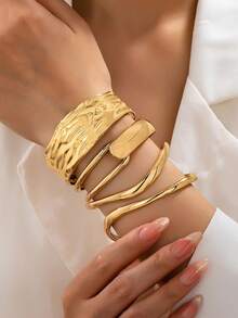 3pcs/1pc Set Minimalist Gold-Tone Asymmetric Geometric Pattern Thick Textured Bangle Set, Suitable For Women, Chunky Smooth Matte Metal And Zinc Alloy Material - Yellow Gold - View 1