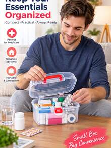 Multi-Layer Portable Medicine Box, Transparent Storage Box, Home Essential First Aid Kit. Dual-Layer Compartment Design, Organized Storage For Iodine, Bandages, Swabs, Thermometers And Other Medical Supplies. Transparent Body, Clear Visibility Of Internal Items, Flip Lid With Built-In Handle, Easy To Carry And Move. Dust-Proof And Moisture-Proof, Convenient For Quick Access To Emergency Medications In Bedroom, Living Room. Compact And Space-Saving, Suitable For Daily Home Care And Minor Wound Emergencies - Multicolor - View 8