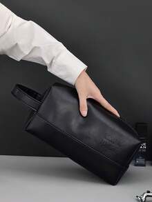 Wrist Bag, Black 3D Shape, Embossed English Logo, Side Handle Strap, Zipper Closure. Large Capacity Interior Space, Can Store Toiletries, Razors, Waterproof Fabric Easy To Clean, Portable Storage For Business Travel, Minimalist Business Style. - Black - View 2