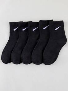 Men's 5 Pairs Solid Black Crew Socks, Simple Logo Breathable Casual Sports Daily Wear Socks - Black and White - View 3