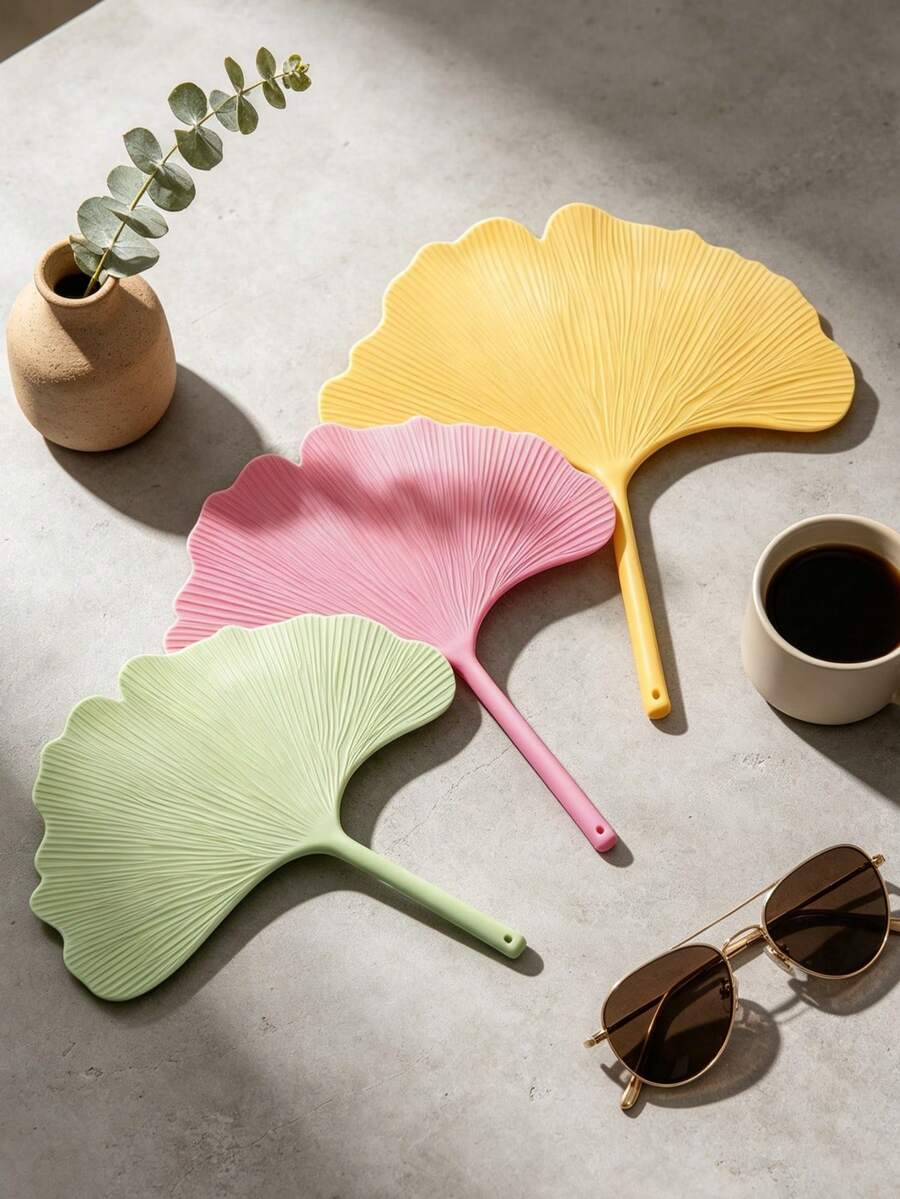 1/3pcs Cooling Fans, Durable Highly Attractive Summer Essential, Student Artistic Style Round Fan, Ginkgo Leaf Fan - Multicolor - View 1