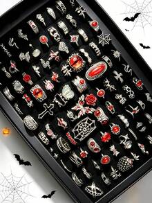 10/20pcs/Set Cincin Unisex Gaya Punk Gothic Vintage Halloween, Desain Mata Besar dan Bentuk Hati, Hadiah Pesta Liburan, Aksesori Pemakaian Sehari-hari untuk Teman - Cincin Halloween Merah Kupu-Kupu Mawar Gaya Punk - View 5
