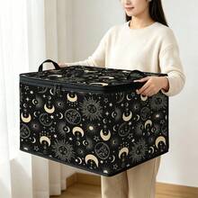 1pc 2DFat. Thickened Foldable Zipper Storage Box, Black Gold Sun Moon Star Print Design, Can Store Clothes, Bedding, Nail Tools, Holiday Items, Suitable For Under Bed, Book Organization, Car Trunk Storage, Cosmetics, Hair Styling Tools, Office, Home Organization, Blankets, Daily Small Items Large Capacity Storage, Wardrobe Placement And Moving Packing, Zipper Closure Secure Reinforced Handle Durable - Multi-color - View 2