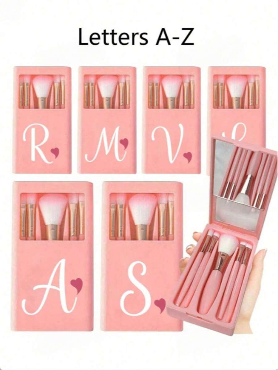 5pcs Portable Makeup Brush Set With Mirror, Purple Heart-Shaped A-Z Letter, Boxed Makeup Brush Set, Multi-Function Makeup Brush Set With Mirror Storage Box, Mini Multi-Function Makeup Brush, Foundation Brush, Eyeshadow Brush, Beginner Beauty Tools - Pink - View 1