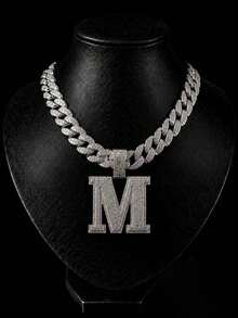 Liontin Huruf M Besar Bertabur Berlian Imitasi dengan Rantai Gaya Kuba, Perhiasan Kalung Berlian Mengkilap Gaya Hip Hop Pria - Kalung Liontin M - View 1