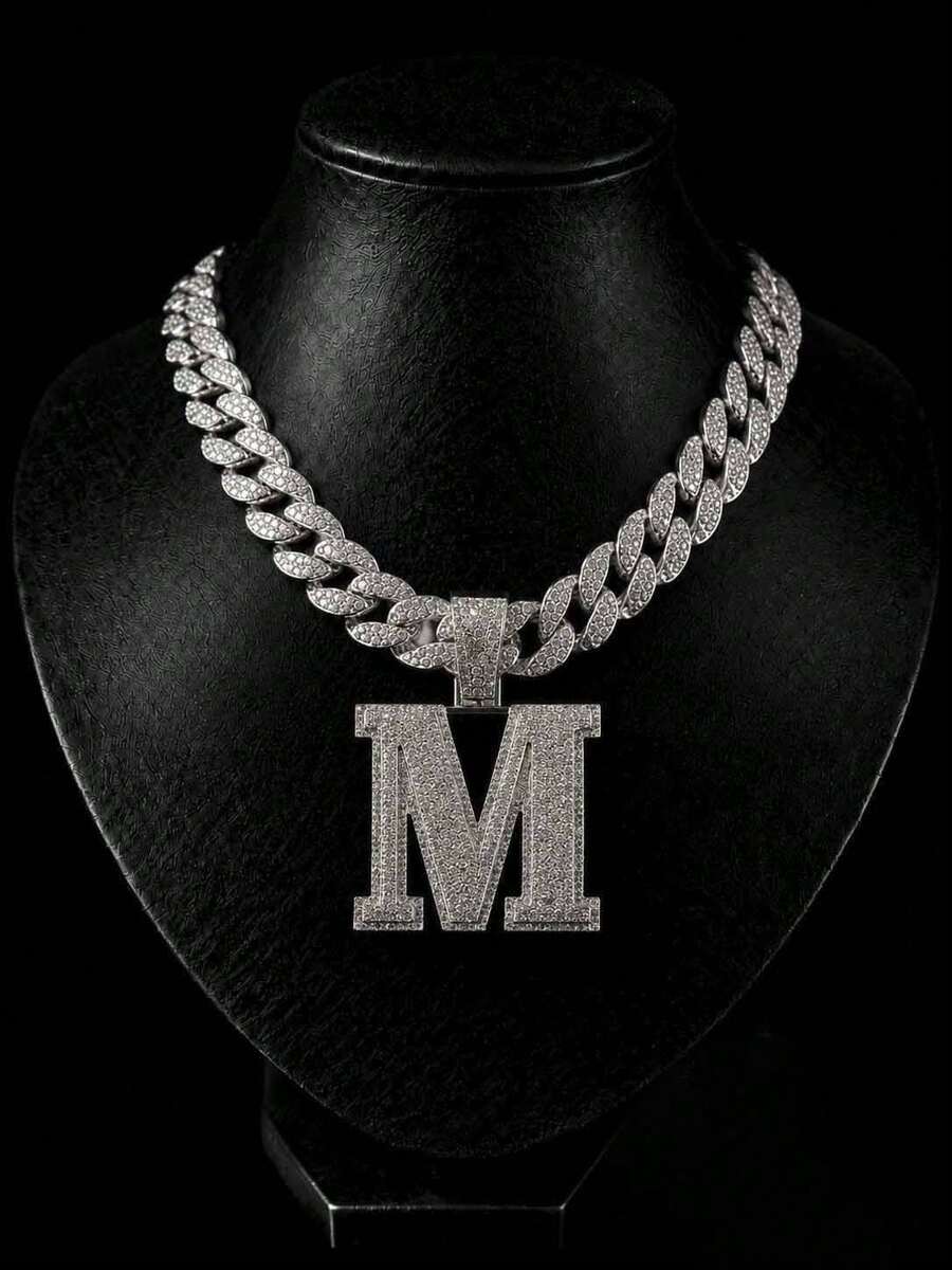 Liontin Huruf M Besar Bertabur Berlian Imitasi dengan Rantai Gaya Kuba, Perhiasan Kalung Berlian Mengkilap Gaya Hip Hop Pria - Kalung Liontin M - View 1