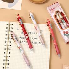 4pcs/Set Random Rose Flower Ballpoint Pens, Retractable Design, Multiple Patterns, Minimalist Printed Pens, Suitable For Weddings, Parties, Daily Use, Gifts, Perfect Valentine's Day Gift For Friends And Family - A - View 4