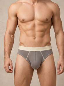 Courvante 2pcs Men's Solid Color Basic Cotton Knit Briefs With Contrast Waistband - Multicolor - View 1