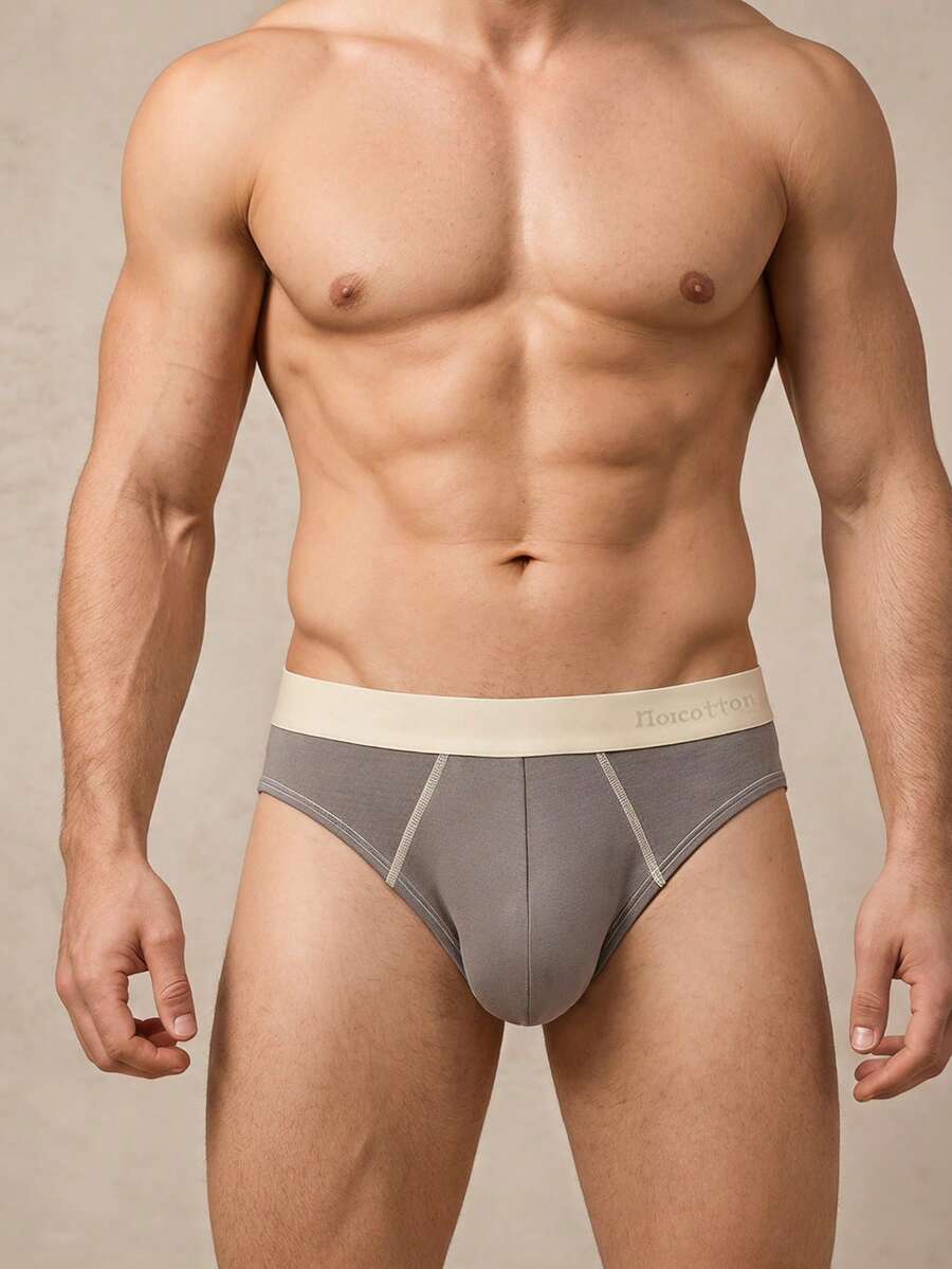 Courvante 2pcs Men's Solid Color Basic Cotton Knit Briefs With Contrast Waistband - Multicolor - View 1