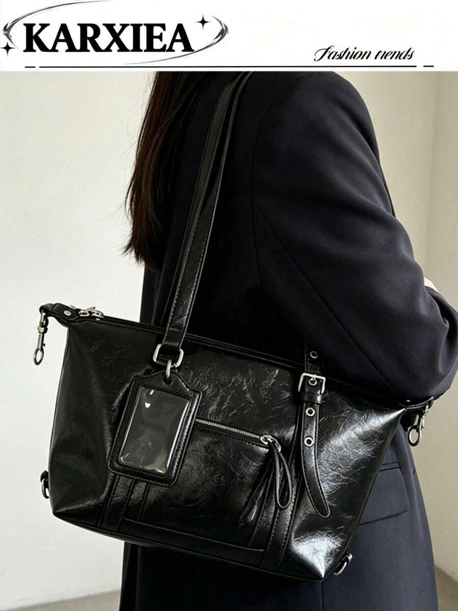 Distressed Glossy Black Oil Wax Leather Boston Large Capacity Bag, Vintage Cracked Texture With Adjustable Silver Buckle Shoulder Strap, Built-In Transparent Card Slot And Multiple Compartments, Suitable For Commuting, Laptop, Street Wear And Miscellaneous Items, Cool Practical And Versatile - Black - View 1