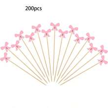 20/50/100pcs Exquisite Cute Pink Bow Food Skewers (Natural Bamboo, Smooth Surface) Lovely Design Decorative Set For Fruit Platters, Cooked Foods And Party Decorations. Christmas Essential. - Q - View 15