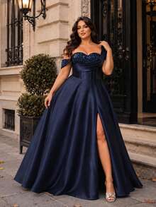 VIPGIRL Navy Blue Sequin Satin One-Shoulder High-Slit Women's Dress, Elegant Plus Size Evening Gown, Long Prom Dress, Wedding Guest Dress, Luxury Party Dress, - Navy Blue - View 5
