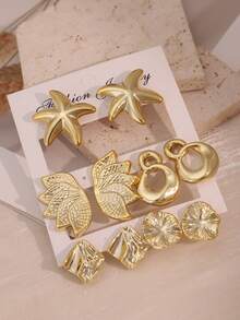 Set Anting-Anting 5 Pasang Bentuk Bintang Laut/Sayap//Daun Teratai/Asimetris Emas - Emas - View 1