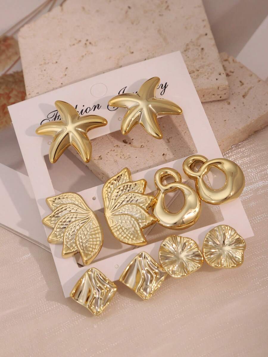 Set Anting-Anting 5 Pasang Bentuk Bintang Laut/Sayap//Daun Teratai/Asimetris Emas - Emas - View 1