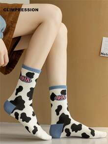 CLIMPRESSION Women's Cute Cow Print Boat Socks, White & Black Cow Print With Lettering, Fashion Pink Cuff Casual Cotton Mid-Calf Socks, Creative Everyday Socks - Pink - View 7