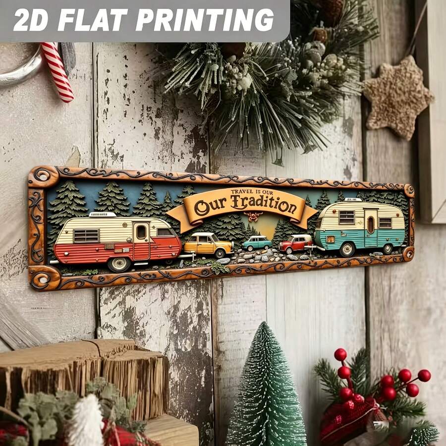 2D Flat Vintage Camping Car Sign, 2D Flat Design, Retro Car Decor, With RV And Forest Theme Letter Pattern, Suitable For Bar, Living Room, Restaurant, Hotel And Other Places, As Well As Road Trips And Vacations (Random Style) - A - View 1