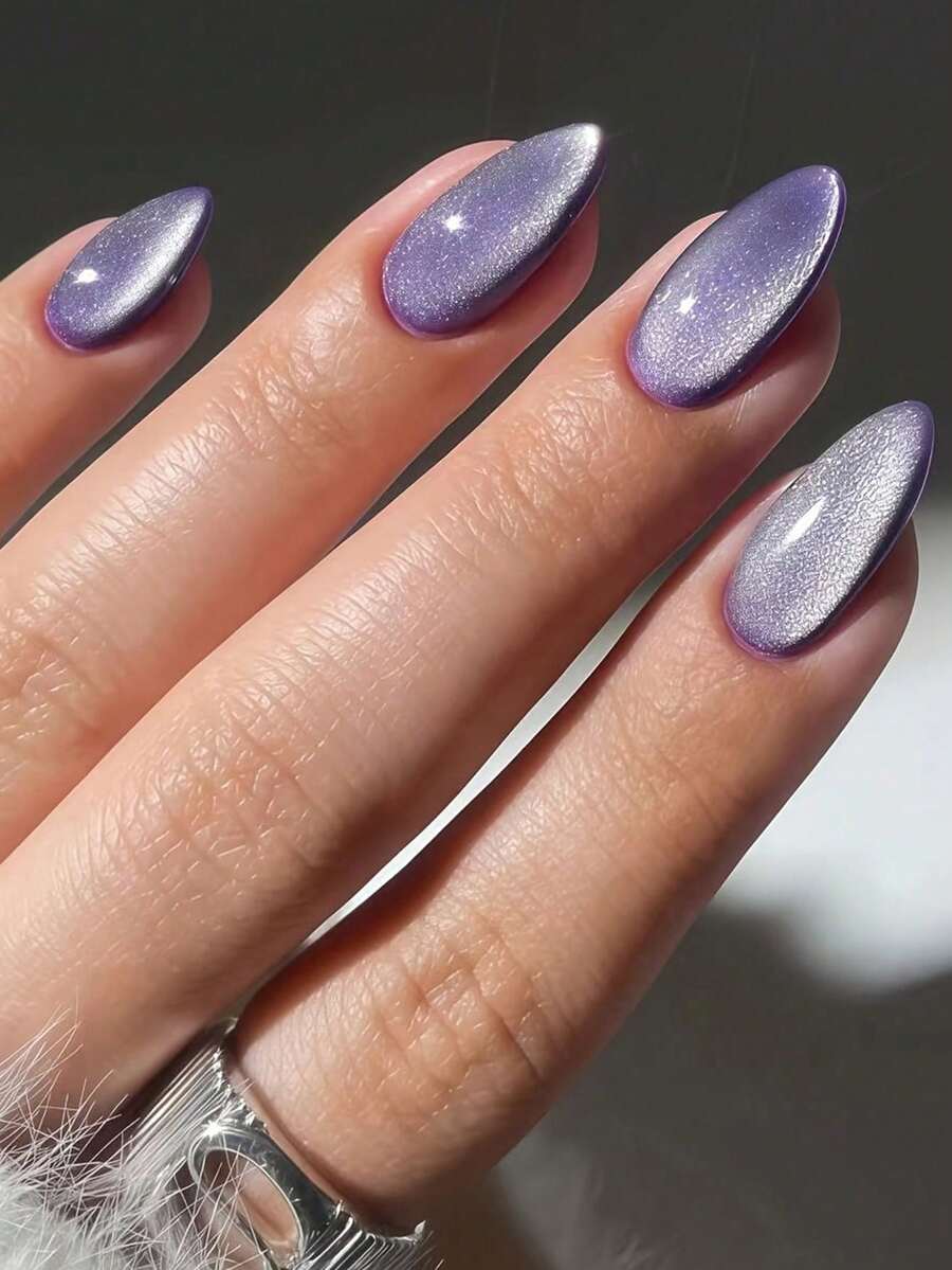 24pcs Y2K Style Short Oval French Cat Eye Press-On Nails Set, Acrylic Nails, Purple, Pink, Blue, Red And Macaron Colors - Multicolor - View 1