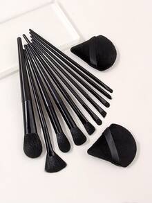 12pcs Beginner Makeup Artist Universal Makeup Brush Set, Includes 10 Face Makeup Brushes + 2 Black Powder Puffs, Foundation, Blush, Contour, Eyeshadow, Loose Powder Full Makeup Tool Kit - Black - View 3