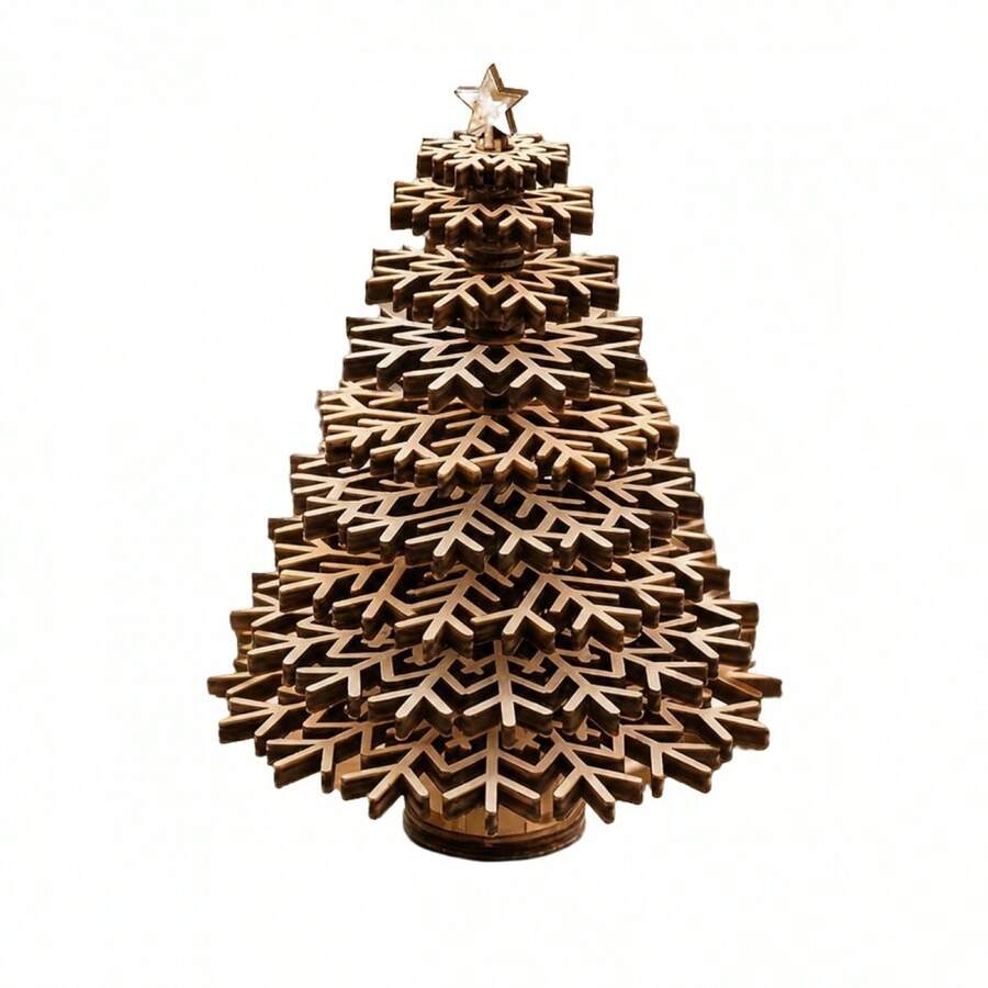 Mini Wooden Christmas Tree With Layered Snowflake Design And Top Star, Tabletop Decorative Ornament For Home And Office, 15cm X 10cm - Multicolor - View 1