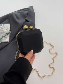 Matte Multi-Faceted Cut Design Clutch Bag, Gold Bead Buckle And Metal Chain Decor, Mini Body Can Hold Lipstick And Other Small Items, Bead Buckle Closure, Luxury Delicate Style Hard Shell Square Box Bag - Black - View 9