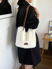 秋冬新款實用大容量水桶包 手提包 時尚人造毛絨毛絨托特包 - 白色 - 查看 4