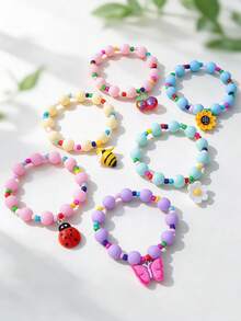 Bộ 6 vòng tay hạt chuỗi màu sắc dễ thương cho bé gái, vòng co giãn handmade kèm charm bướm, ong, bọ rùa, hoa hướng dương và hoa cúc, trang sức quà tặng tiệc cho bé - Nhiều màu - Xem 3