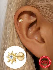 1pc S925 Sterling Silver Exquisite Luxury Personalized Sun Stud Earrings For Women, Niche Design Cartilage Earrings, Energetic Lively Small Cute Versatile Daily Party Date Photogenic Atmosphere Jewelry - Sun - View 2