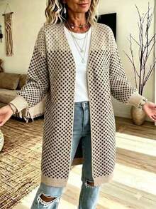 Plus Size Elegant Casual Small Polka Dot Open Front Long Knit Cardigan, Lantern Sleeve Loose Sweater Jacket, Suitable For Autumn - Khaki - View 5