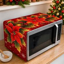 2DFLAT 1PC Polyester Red Base Christmas Microwave Dust Cover, Warm Light Snowflake Holly Red Berry Kitchen Appliance Cover - Multicolor - View 2