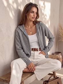 Minimalist Solid Color Hooded Knit Cardigan, Grey Raglan Long Sleeve Full Zip Design, Ribbed Cuffs And Hem, Versatile Casual Knit Top For Daily Commute, Walking, Outing, Shopping, Home Wear, Campus Outfit - Grey - View 10