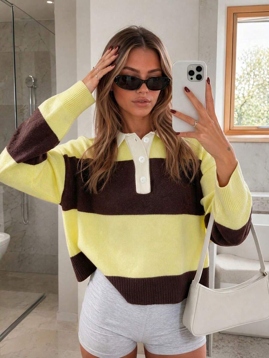Spring/Autumn Multi-Color Contrast Lapel Long Sleeve Half-Button Cardigan Sweater - Brown and Yellow - View 1