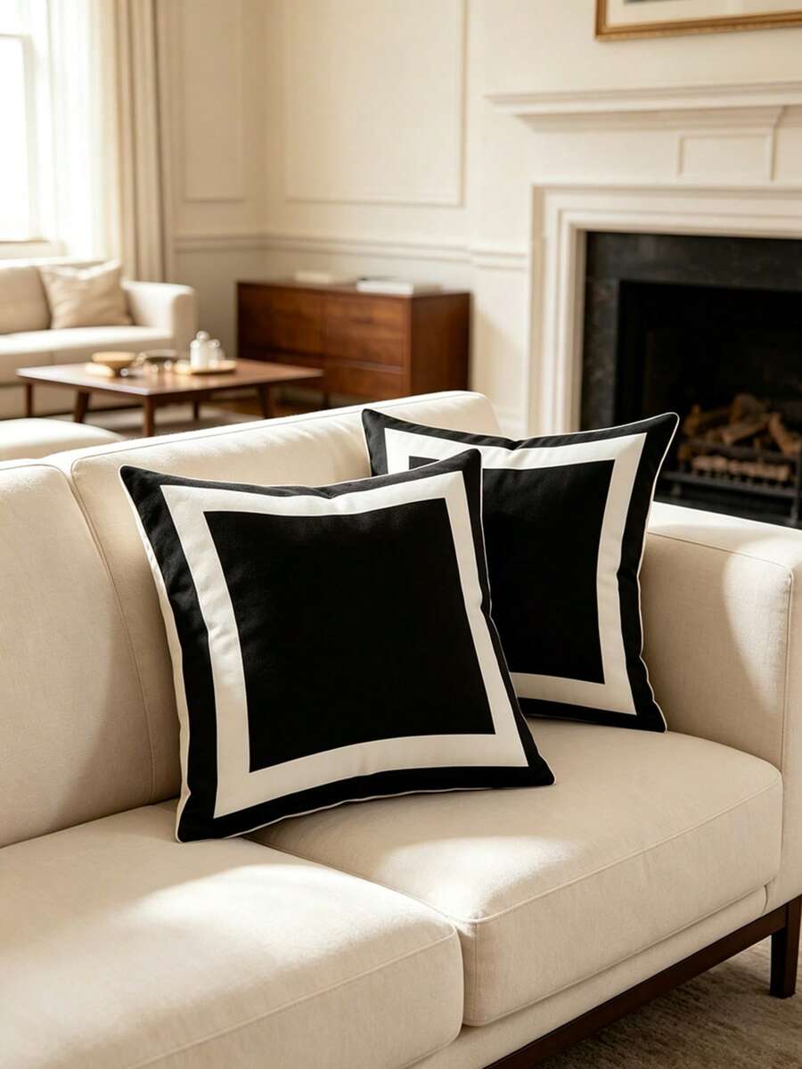 1/2pcs Nordic Style Black & White Geometric Pattern Pillowcase, Zipper Closure, Machine Washable, 45x45cm, Suitable For Living Room, Sofa, Headboard, Car, Etc., Minimalist Decorative Pillowcase, Lightweight Polyester Material, Tassel Cushion Cover, Tassel Throw Pillowcase, Non-Waterproof - Multicolor - View 1