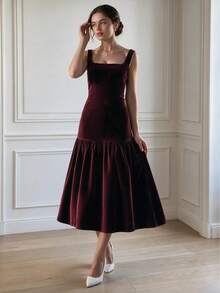 Women Elegant Sleeveless Dress Square Neck Velvet Ruffle Hem Clothes For Wedding Going Out Dating Fall Winter - Burgundy - View 3