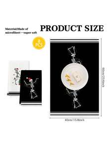 2件組 跳舞骷髏聖誕帽聖誕燈樹廚房抹布 恐怖聖誕主題洗碗布 可用於廚房擦手巾 茶巾 適合農舍風廚房居家室內碗盤乾燥 - 黑與白 - 查看 2