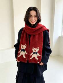Cartoon Knitted Deer Plush Bear Yellow Scarf Women's Winter Atmosphere Warm Neck Protector Cold-Proof Versatile Shawl - Red - View 2