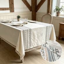 1pc Bohemian Style Tassel Tablecloth, Linen Striped Geometric Print Table Cover, Rustic Farmhouse Decor Tablecloth, Suitable For Dining Room, Kitchen, Party, Rectangular, All Season Use - Beige - View 3