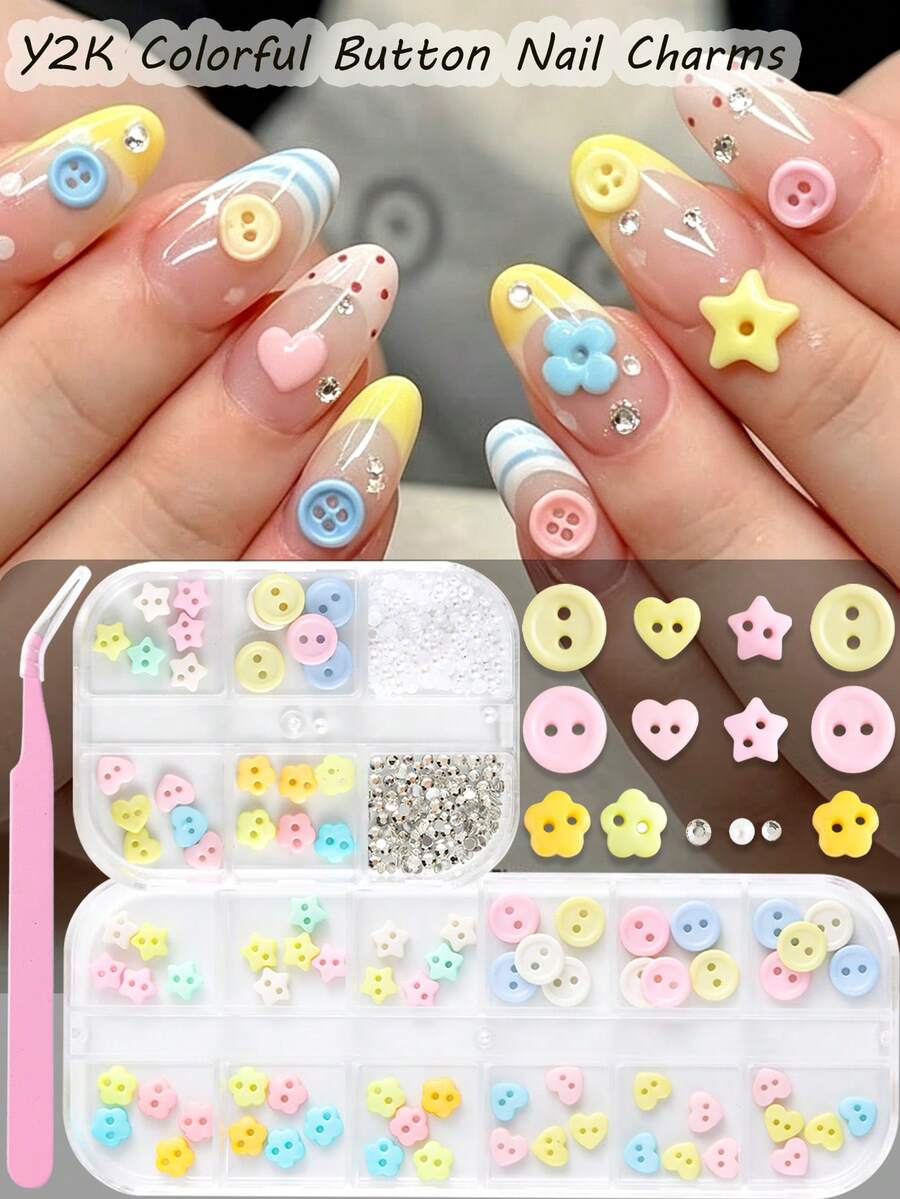 1 Set Y2K Colorful Button Nail Art Decorations, Cute 3D Star Heart Flower Winter Holiday Nail Decor, Colorful Candy Color Nail Rhinestones, Includes Storage Box And Tweezers, Suitable For Nail Art DIY - Multicolor - View 1