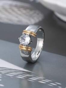 ZHIXUN 1pc Fashionable Exquisite Dual-Tone Ring Set, Inlaid With Round Synthetic Zirconia, Elegant Daily Accessory And Wedding Jewelry, Perfect Gift For Her - Ring 1 - View 14