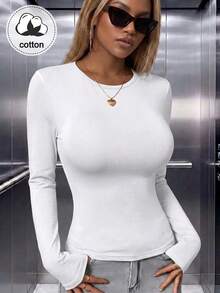 白色修身長袖V領T恤 - 白色 - 查看 8