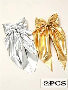 Women's Fashion Shiny Metallic Bow Hair Clip With Long Streamers, Gold & Silver Spring Barrette For Back Head, Holiday Party Hair Accessory - Multicolor - View 9