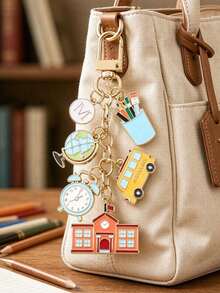 Back To School Themed Enamel Keychain,Initial Letter Bag Charm With School Bus Globe Alarm Clock Pencil Holder Pendant,Gift For Student Teacher,Halloween Christmas - Multicolor - View 5